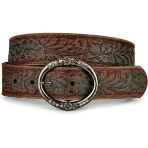 Distressed and Embossed Brown Teal Leather Belt with Rhinestone Ring Buckle